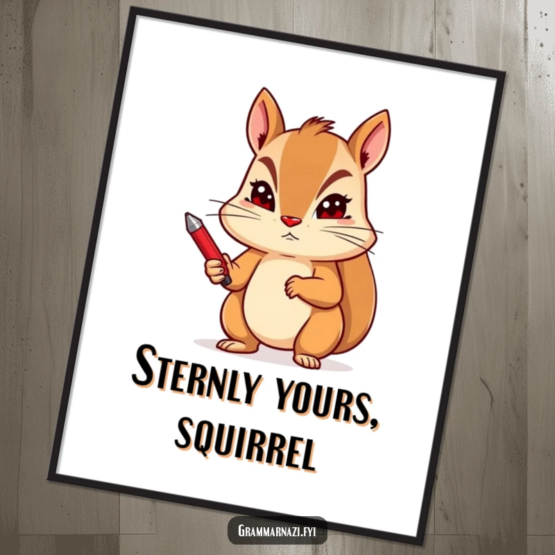 Funny digital art print of a determined squirrel with a red pen and stern expression, perfect office decor.