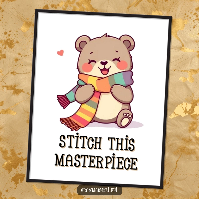 Funny digital art print of a joyous bear knitting a long, colorful scarf, perfect for cozy decor.