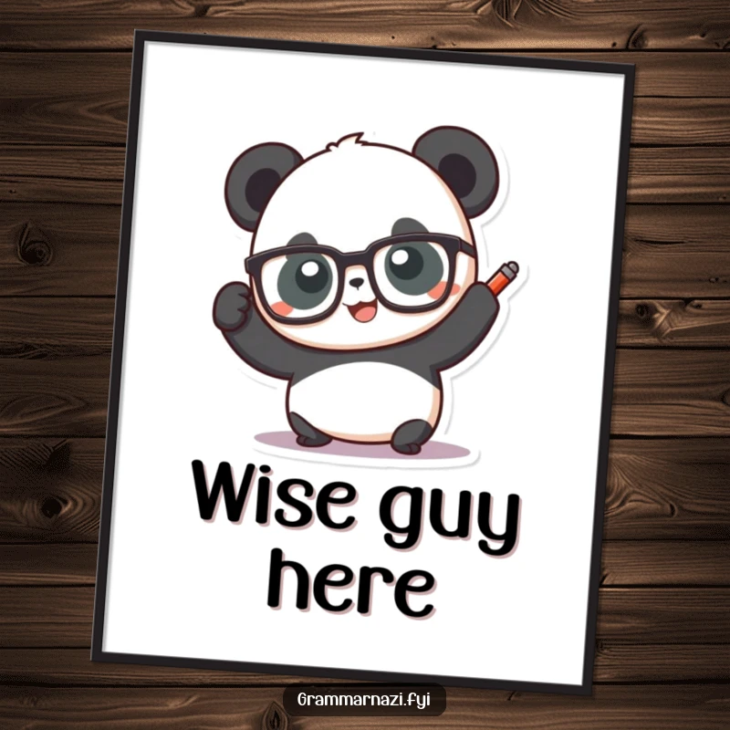 Funny panda with glasses holding a red pen aloft, presented as a digital art print, ideal for witty and smart online decor.