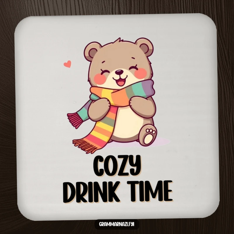 Funny drink coaster showing a joyous bear happily knitting a long scarf, protecting surfaces with charm.