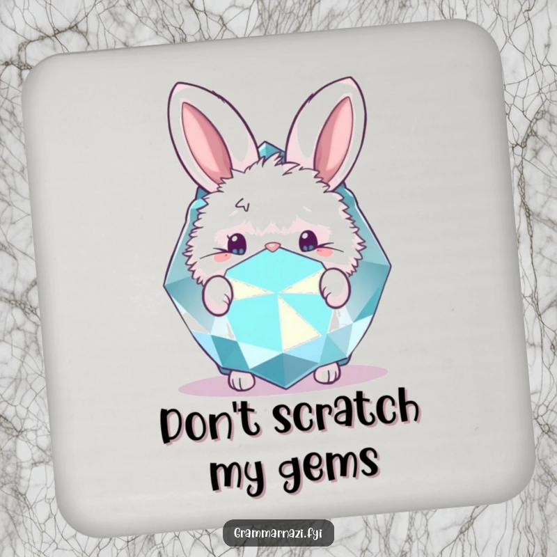Funny drink coaster with a fluffy bunny peeking from behind a sparkly gemstone. Cute accent.