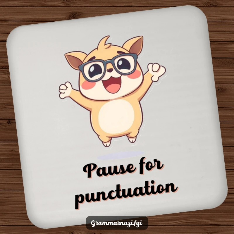 Funny drink coaster with an excited, bespectacled creature holding a perfectly placed comma, offering coaster protection and grammatical humor.