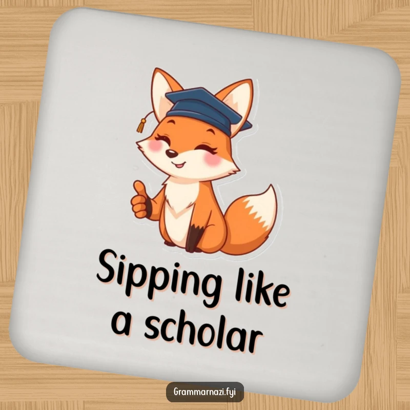 Funny coaster featuring a cheerful fox with a graduation cap and thumbs up, celebrating success humorously.