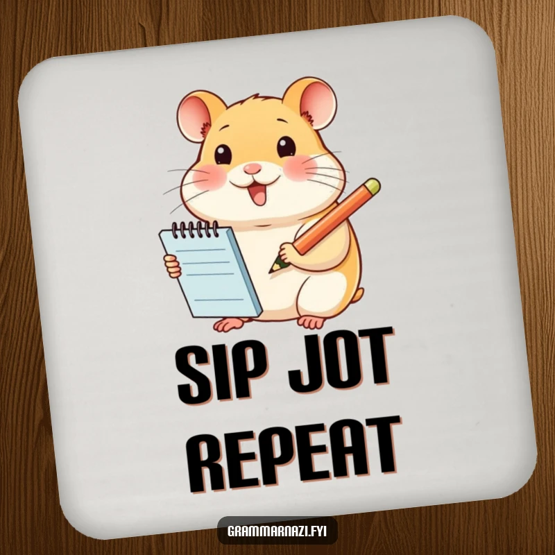 Funny coasters featuring a smiling hamster with a notepad and pencil, protecting surfaces with a humorous and cute design.