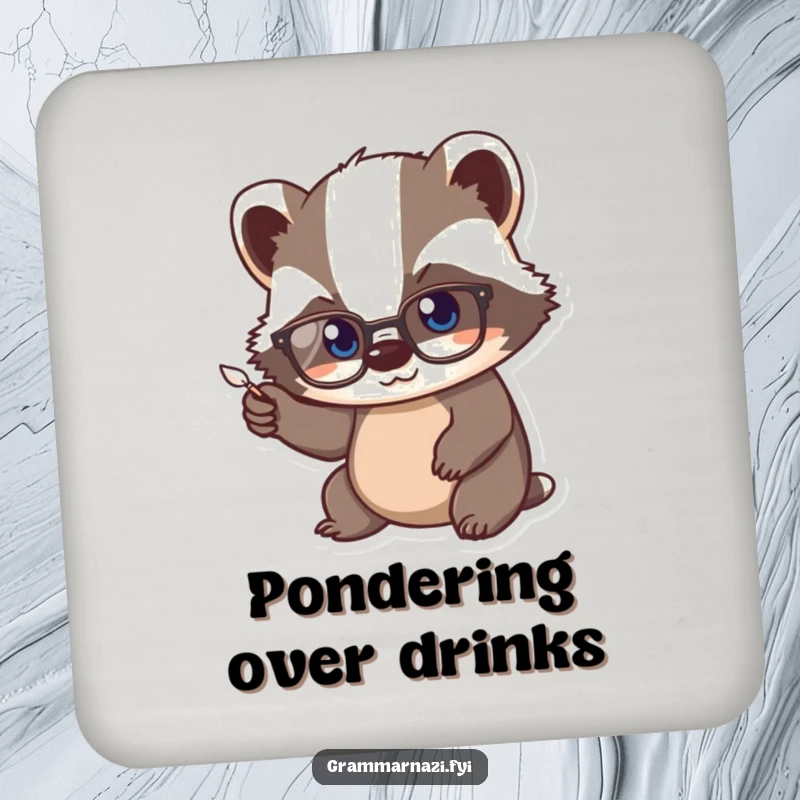 Funny Kawaii Badger Coaster: A cute badger wearing spectacles vigorously points a tiny quill, a humorous and practical table protector.