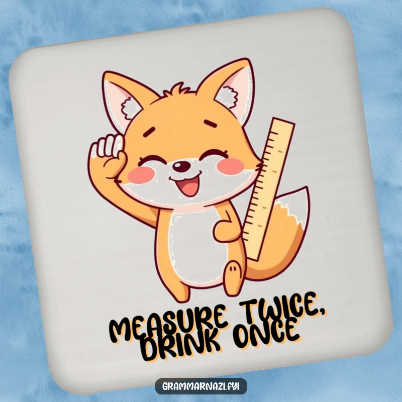 Funny Kawaii Fox Coaster: A smiling, cute fox enthusiastically salutes with a ruler, a humorous and practical table protector.