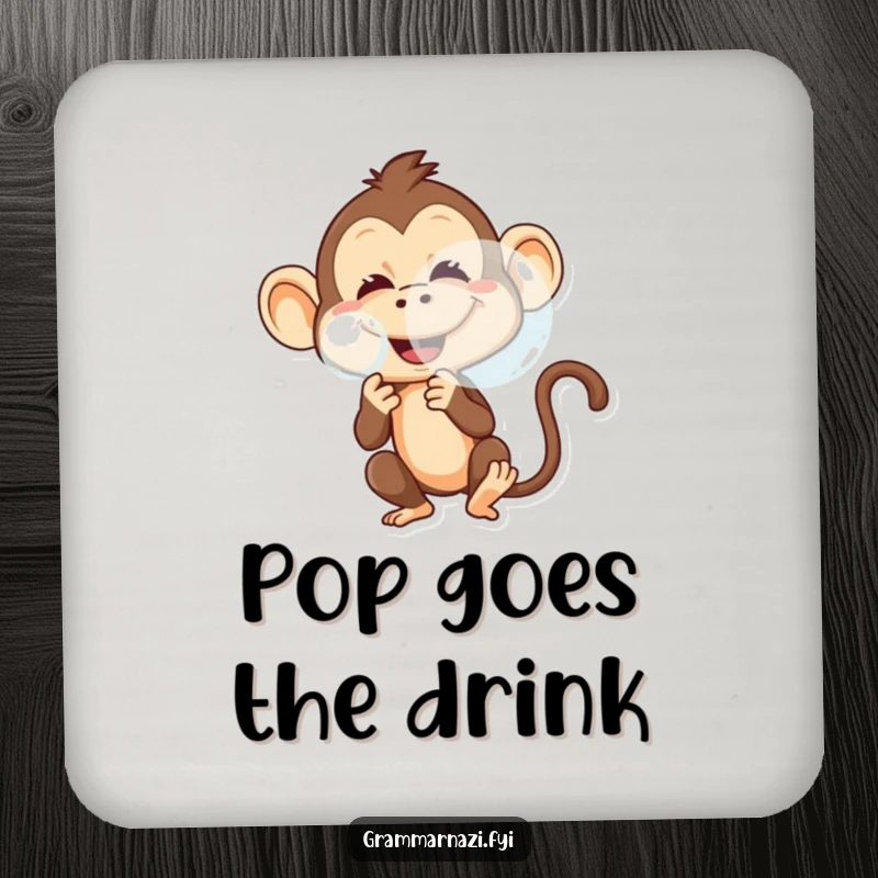 Funny drink coaster showing a mischievous monkey blowing a large bubble with a playful grin.