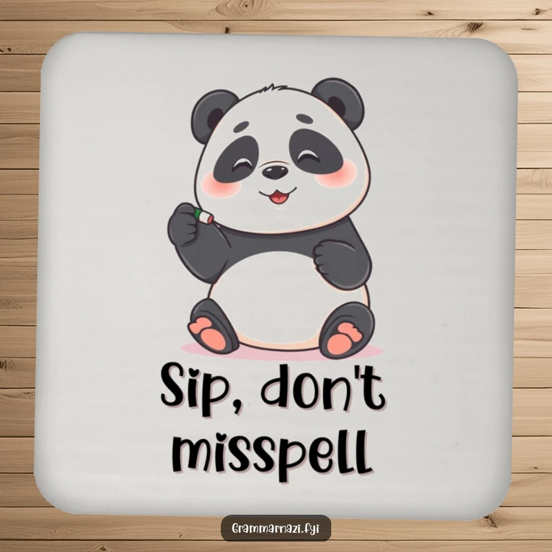 Funny Coaster: Panda meticulously correcting a hyphen with an eraser, a small yet funny addition to any table, perfect funny gift.