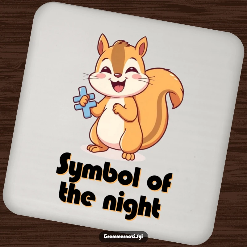 Funny grammar squirrel coasters, polishing a shiny, perfectly formed grammatical symbol, humorous and protective table accessories.