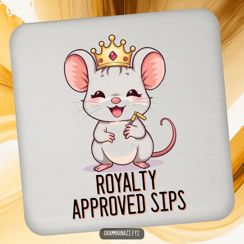 Funny Mouse Crown Polisher Coaster Set: Crowned mice polish commas, offering humorous protection for drinks.