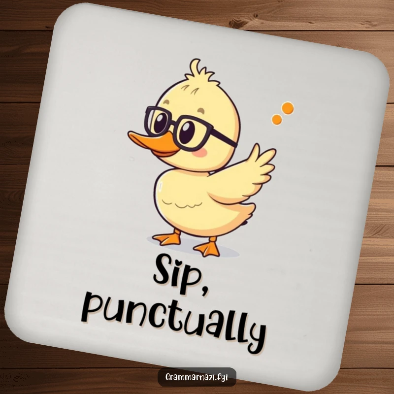 Funny duckling coaster with spectacles, pointing at a correct apostrophe, protecting surfaces with linguistic humor and precision.