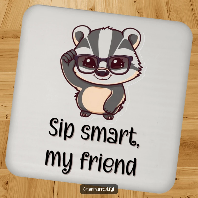 Funny Confident Badger Coasters: A badger adjusts its glasses with a knowing smile, adding intelligent protection.