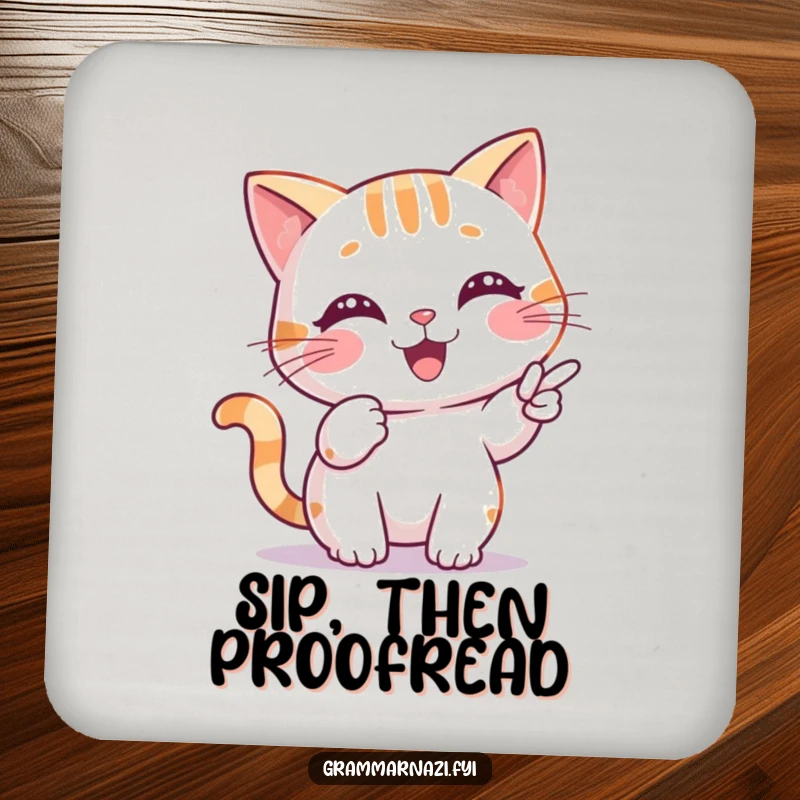 Funny Drink Coaster with a cheerful cat character pointing at a misplaced comma, adding grammatical humor to surfaces.