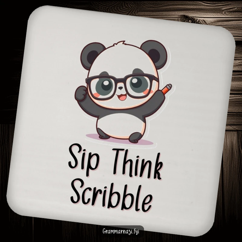 Funny panda wearing glasses and holding a red pen, printed on a drink coaster, protecting surfaces with witty charm.