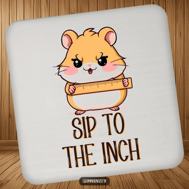 Funny Drink Coaster with a blushing hamster character holding a ruler and a stern expression, adding precise humor.