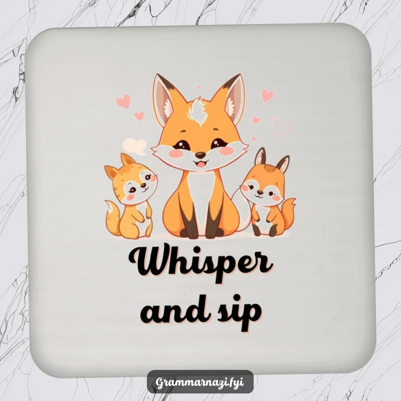Funny drink coaster with a smiling fox sharing whispers with woodland creatures. Nature accent.