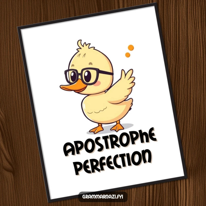 Funny duckling poster wearing spectacles, pointing at a correct apostrophe, adding educational humor and charm to any wall.