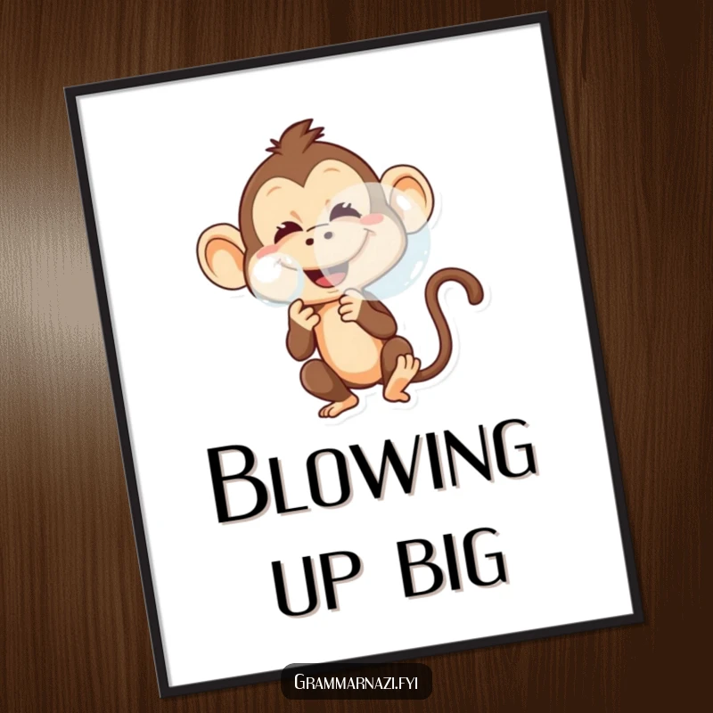 Funny poster art of a mischievous monkey blowing a large bubble with a wide, playful grin, full of cheekiness.