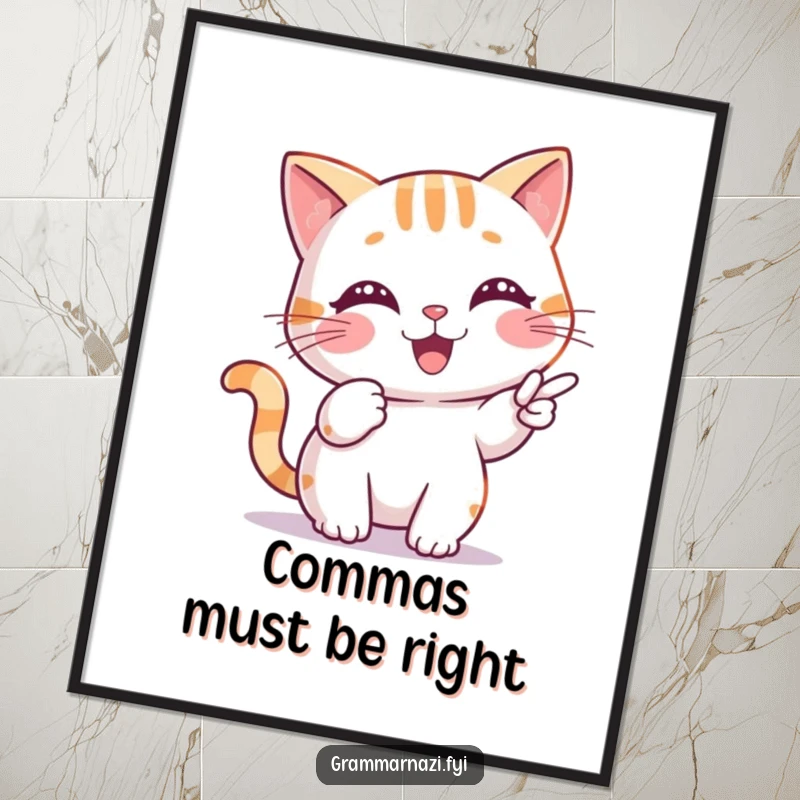 Funny Poster featuring a cheerful cat precisely pointing out a misplaced comma, ideal for grammatical humor and decor.