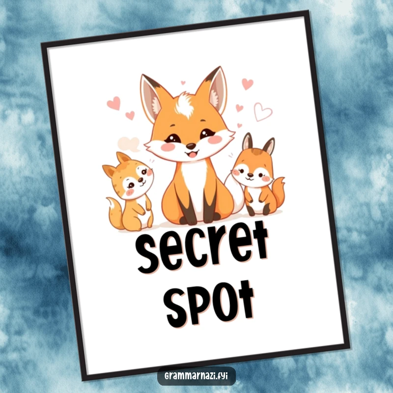 Funny poster depicting a smiling fox sharing whispers with delighted woodland creatures. Forest charm.