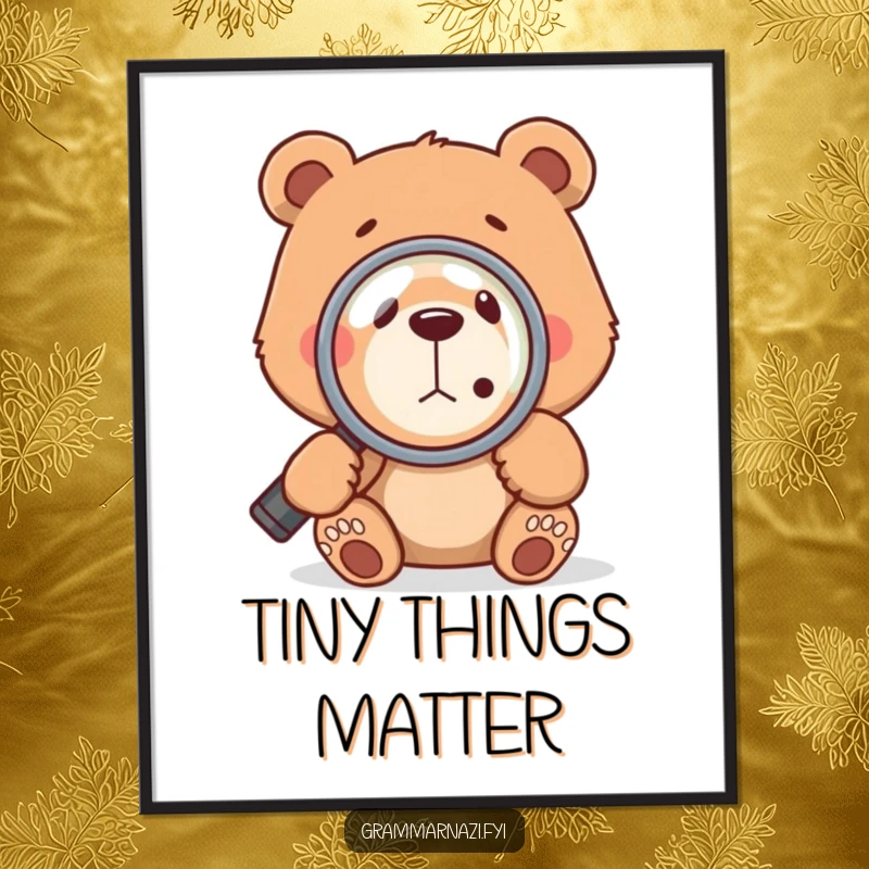 Funny bear intently studying a comma with a magnifying glass, presented as a humorous art print celebrating grammar and language.