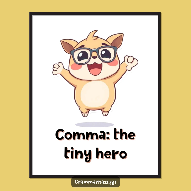 Funny Grammar Joy Poster: Excited Creature, Comma Celebration, Wall Art Gift