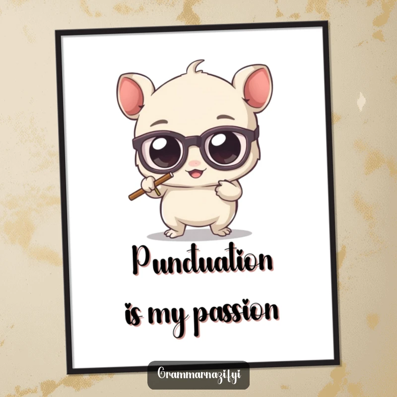 Funny poster of a cute, bespectacled creature with large eyes, actively erasing a misplaced apostrophe, a humorous take on grammar rules.