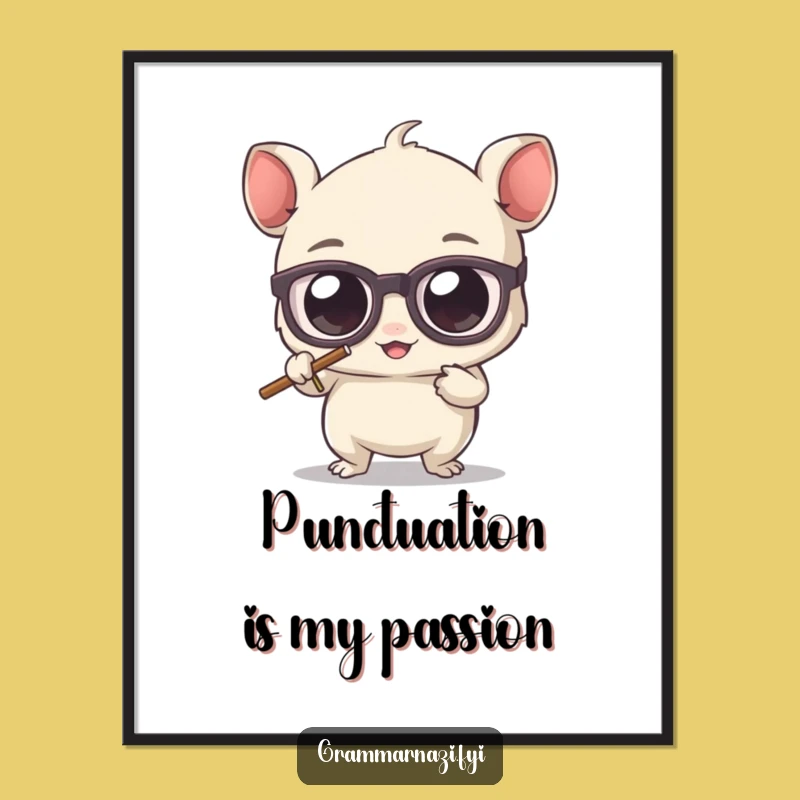 Funny Grammar Poster: Adorable Bespectacled Creature Erasing Apostrophe, Classroom Decor Gift