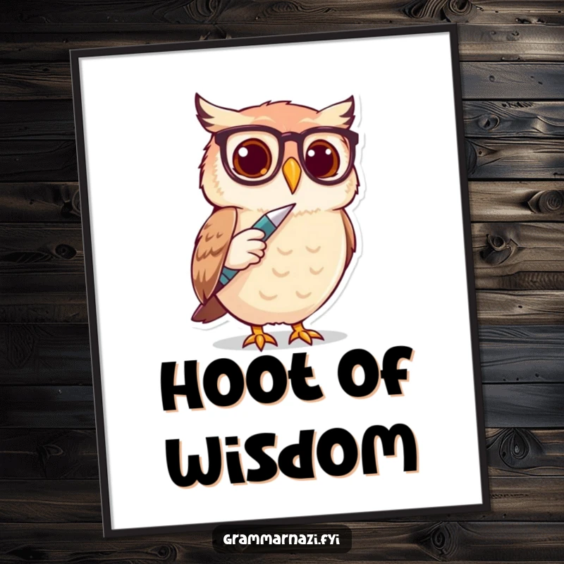 Funny Owl Spectacle Writer Poster: A cute owl with spectacles taps a large pen, creating a humorous and studious visual.