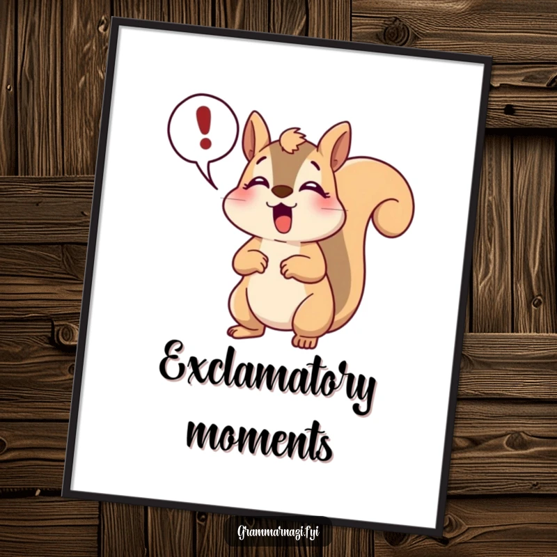 Funny happy squirrel poster depicting a dramatic gasp and exclamation point, conveying surprise and humorous excitement.