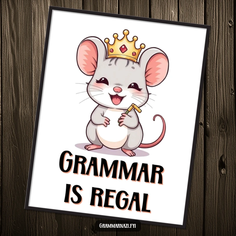 Funny Mouse Crown Polisher Poster: A crowned mouse meticulously polishes a comma, creating a humorous and artistic visual.