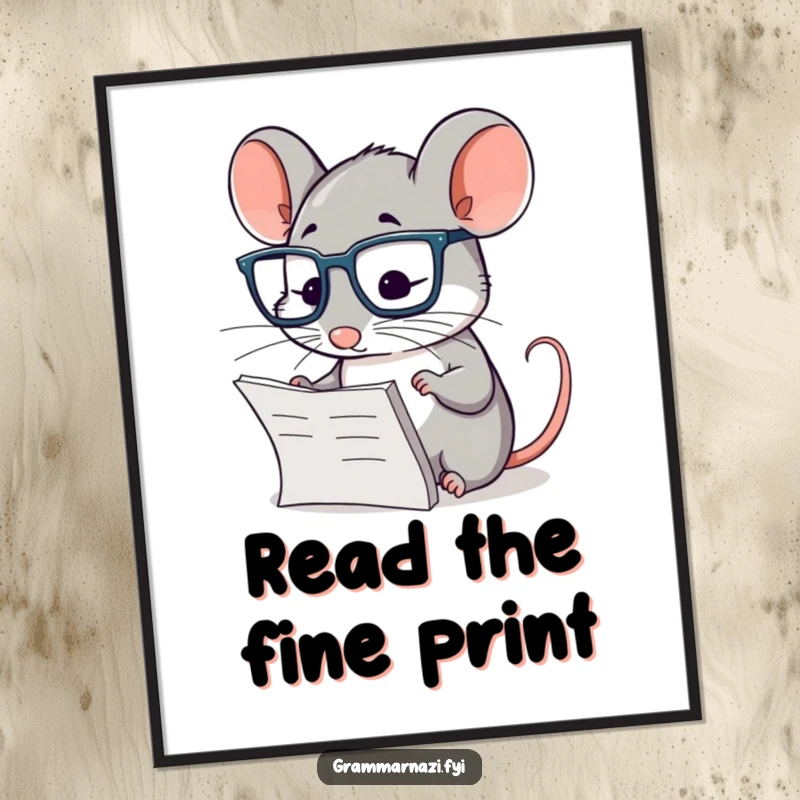 Funny poster featuring a diligent mouse in glasses, meticulously checking a paragraph, adding intellectual humor to any room.