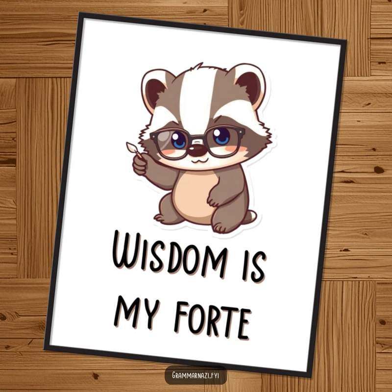 Funny Kawaii Badger Poster: A cute badger wearing spectacles vigorously points a tiny quill, symbolizing dedicated study and intellectual pursuit.