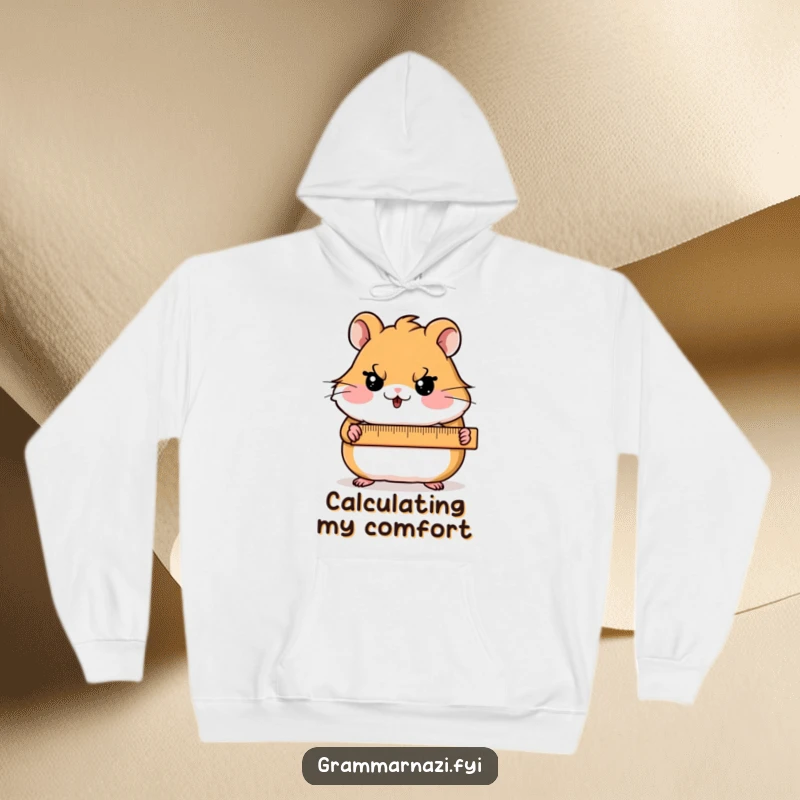 Funny Hoodie featuring a blushing hamster character holding a ruler with a stern expression, blending warmth and precision.