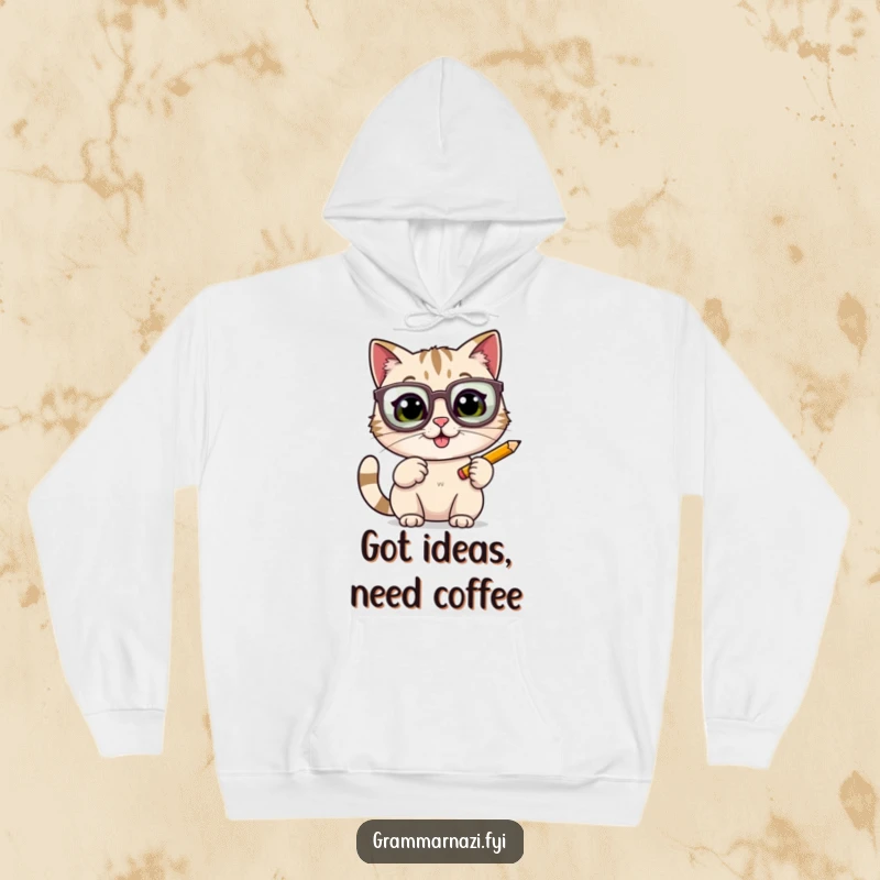 A cheerful cat with oversized glasses, tapping a pencil enthusiastically, on a cozy hoodie, a symbol of smarts and comfort.