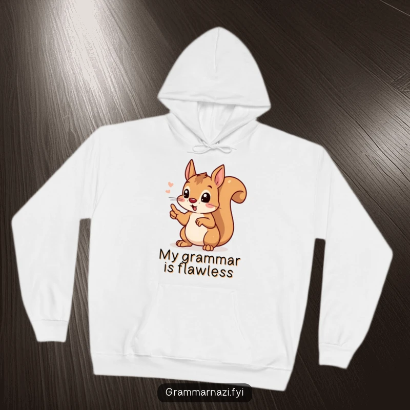 A determined squirrel pointing its paw at a perfect apostrophe, on a cozy hoodie, symbolizing linguistic precision and warmth.