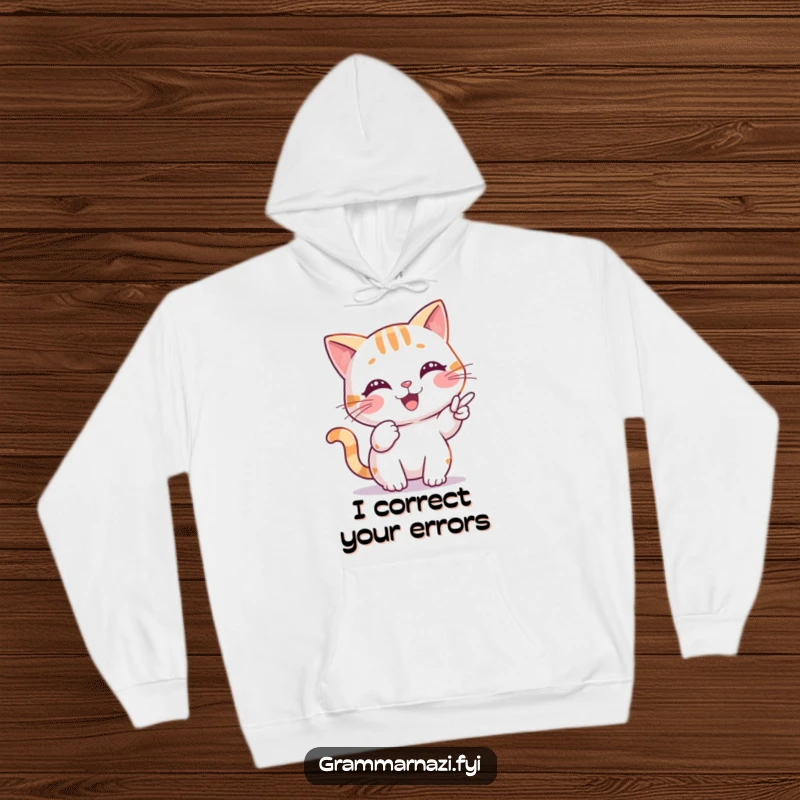 Funny Hoodie featuring a cheerful cat character precisely identifying a misplaced comma, blending comfort and grammatical humor.