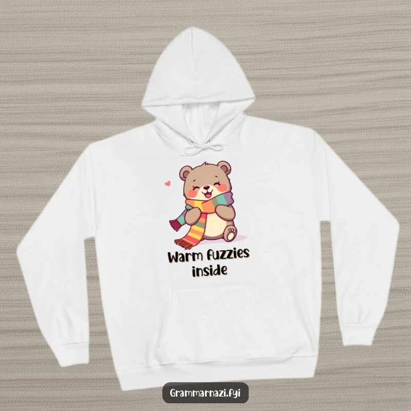 Funny hoodie depicting a joyous bear contentedly knitting a very long, vibrant scarf, symbolizing warmth.