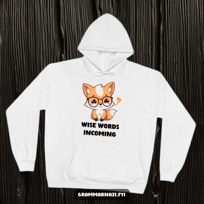 Funny Hoodie: A curious fox wearing spectacles looks at a quotation mark, perfect for cozy contemplation.