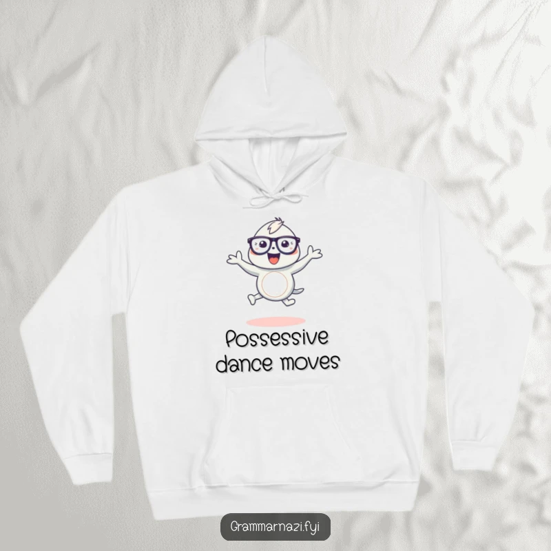 Funny hoodie with a gleeful creature wearing glasses dancing joyfully around a gracefully curved apostrophe, symbolizing linguistic elegance.