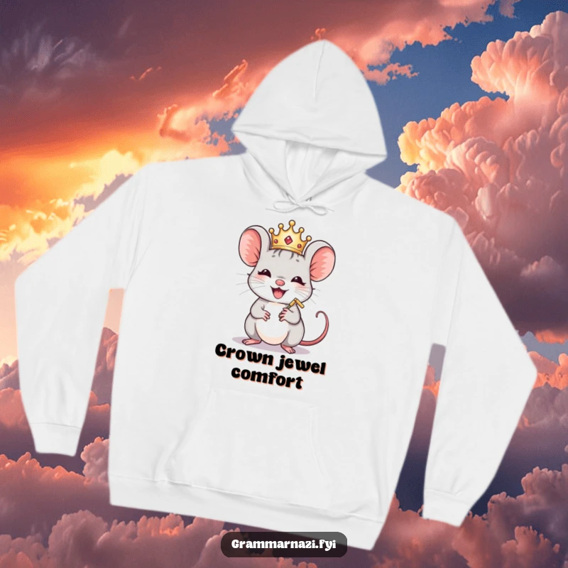 Funny Mouse Crown Polisher Hoodie: A joyful, crowned mouse polishes a comma, offering warm and humorous comfort.