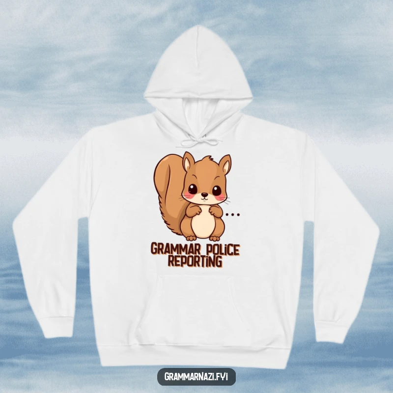 Funny hoodie with a cute kawaii squirrel focused on correcting grammatical errors, a warm and witty gift.
