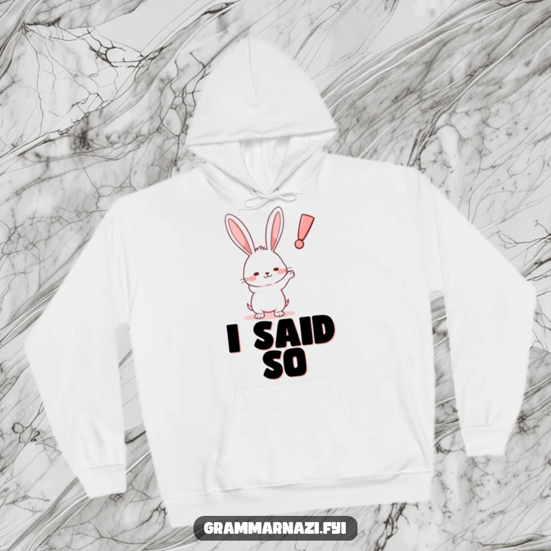 Funny Rabbit Exclamation Hoodie: A comfortable hoodie featuring a determined rabbit pointing at a crooked exclamation point, perfect for chilly days.