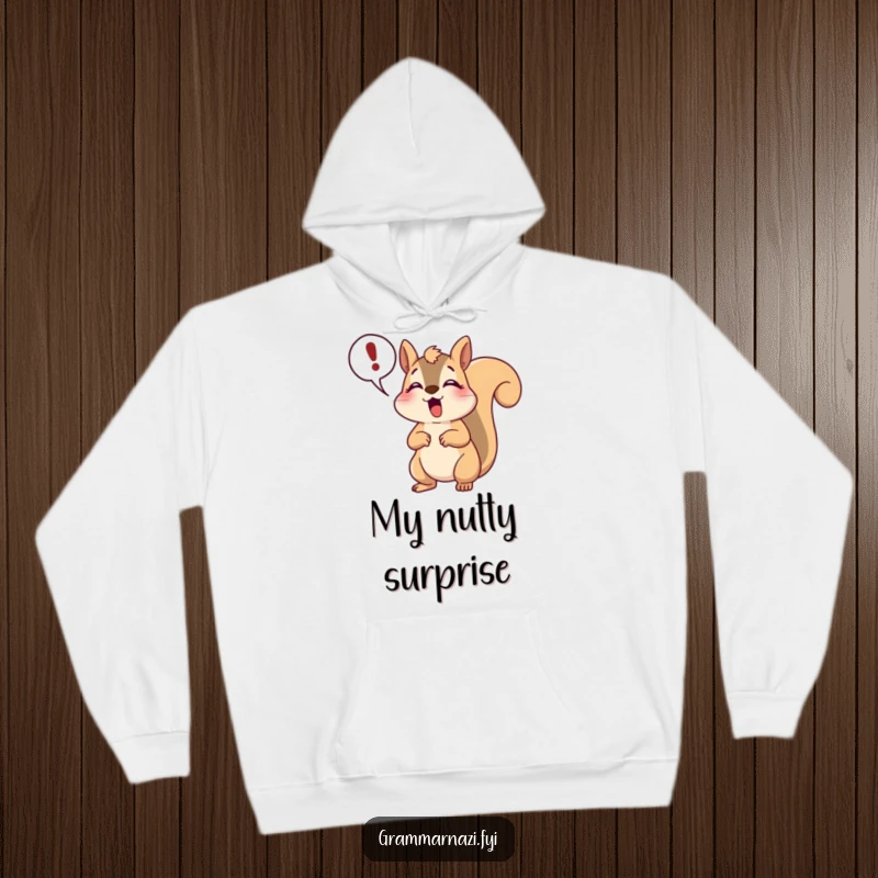 Funny happy squirrel hoodie showing a dramatic gasp and exclamation point, offering warmth and humorous expression.