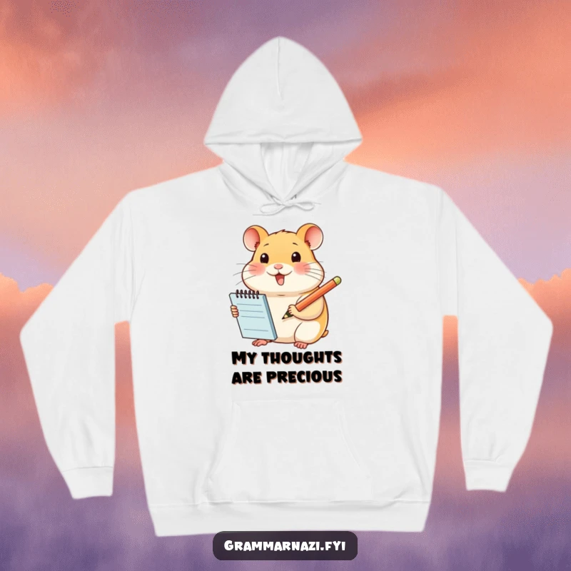 Funny hoodie showcasing a smiling hamster with a notepad and pencil, ready for action, ideal and humorous gift for creatives.