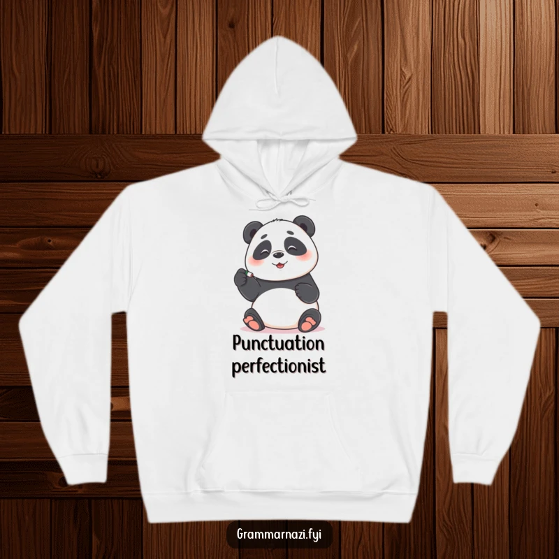Funny Hoodie: A playful panda meticulously correcting a hyphen with an eraser, embodying funny grammar and perfectionism, a superb funny gift.