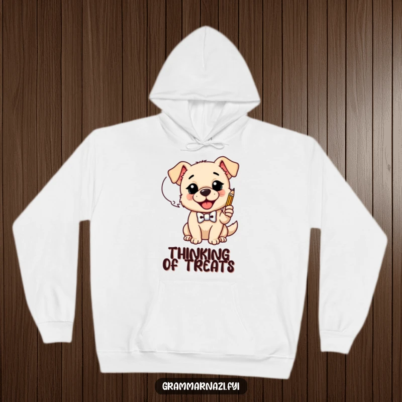 Funny Hoodie: A happy dog in a bow tie taps a pencil on a dialogue bubble, embodying funny brainstorming and intelligence, a superb funny gift.