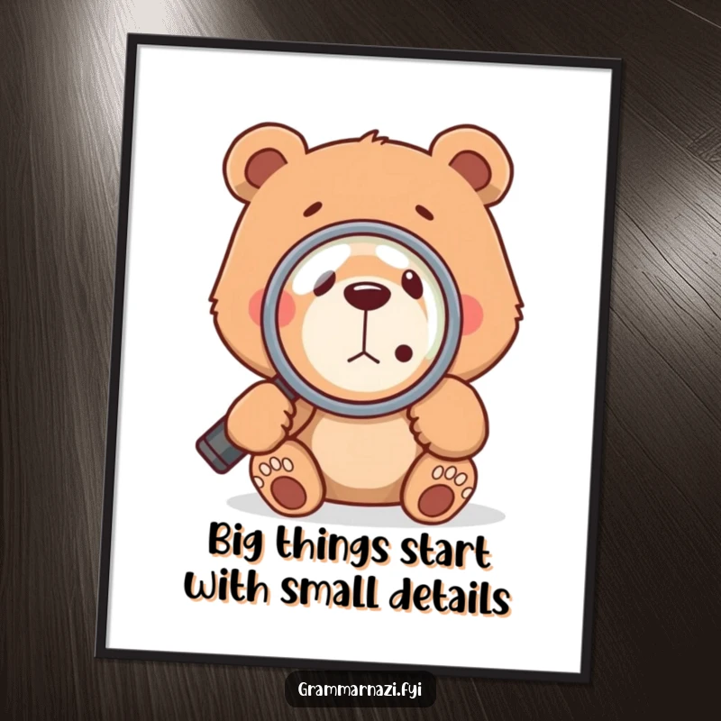 Funny Free Printable Wall Art: A determined bear peers through a magnifying glass at a minuscule comma, embodying focused humor.