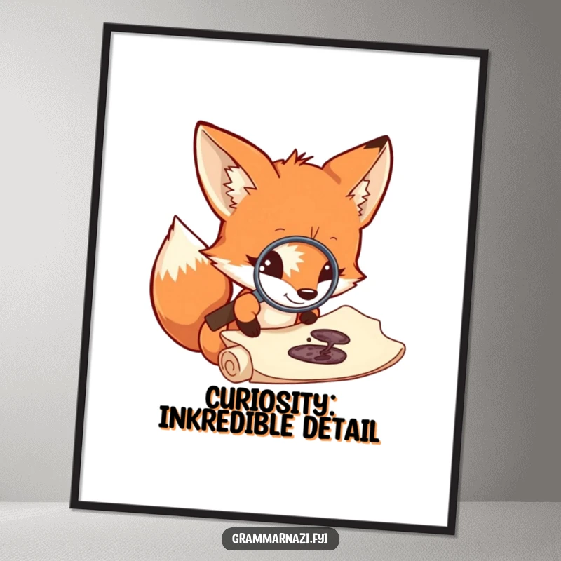 Funny Free Printable Wall Art: A curious fox peers intently through a magnifying glass at a minuscule ink splotch on an ancient scroll.