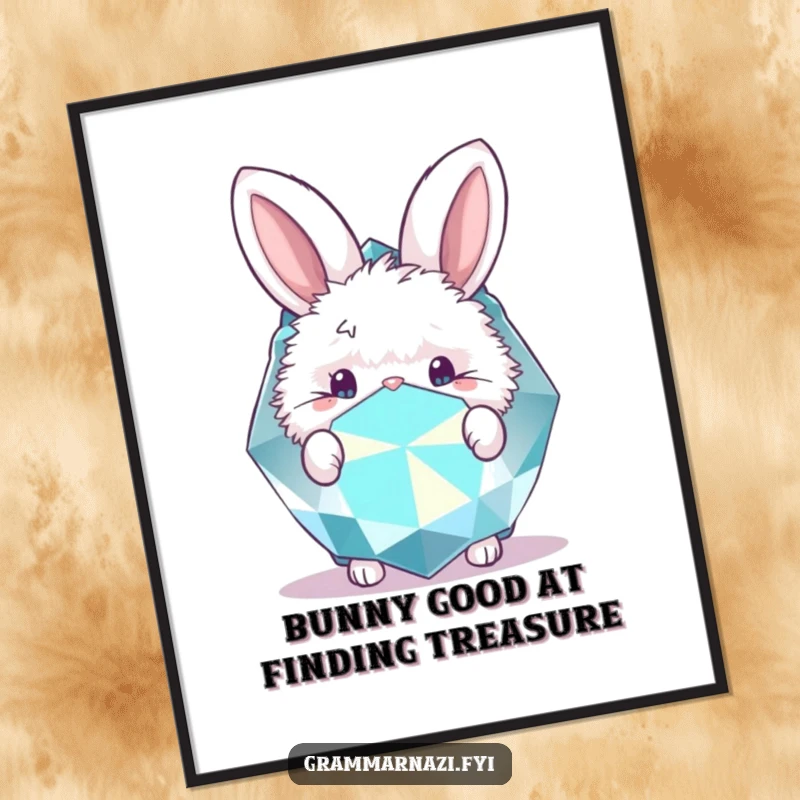 Funny Free Printable Wall Art: A fluffy bunny peeking from behind a giant, dazzling gemstone, creating a magical scene.